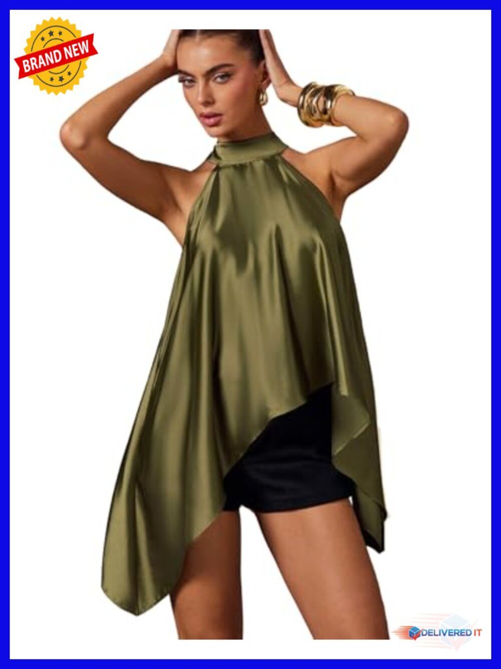 Satin Halter Neck Sleeveless Blouse Asymmetrical Hem Club Top